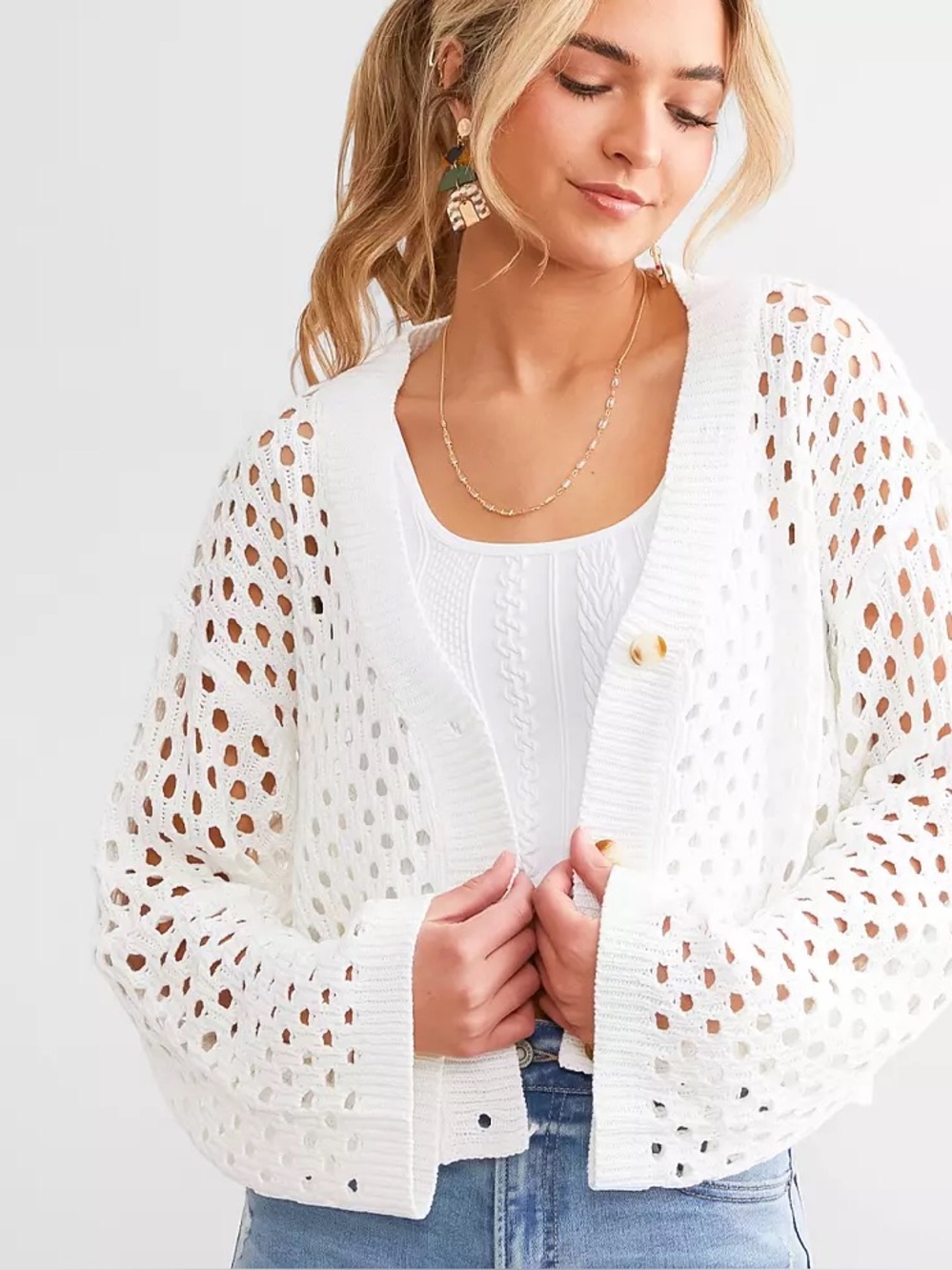 Papermoon White Open-Weave Button Cardigan